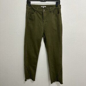 John Mark Cropped Stitched Raw Split Hem Army Green Pants Sz 6 High Rise Stretch
